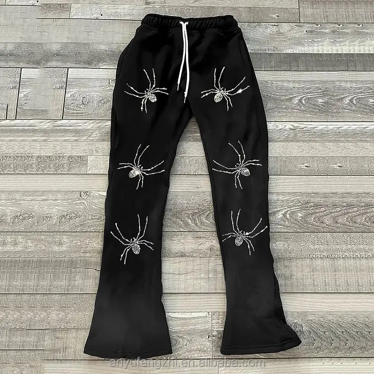 ANYU Custom high quality screen print street wear trouser antique finish distress men flare pants baggy rhinestone sweatpants