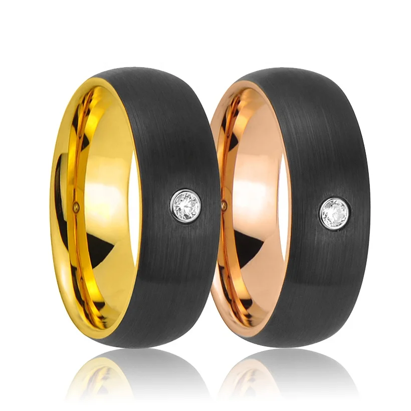 Black Brushed Domed Rose Gold AAA CZ STONE DIAMOND Tungsten Engagement Wedding Rings