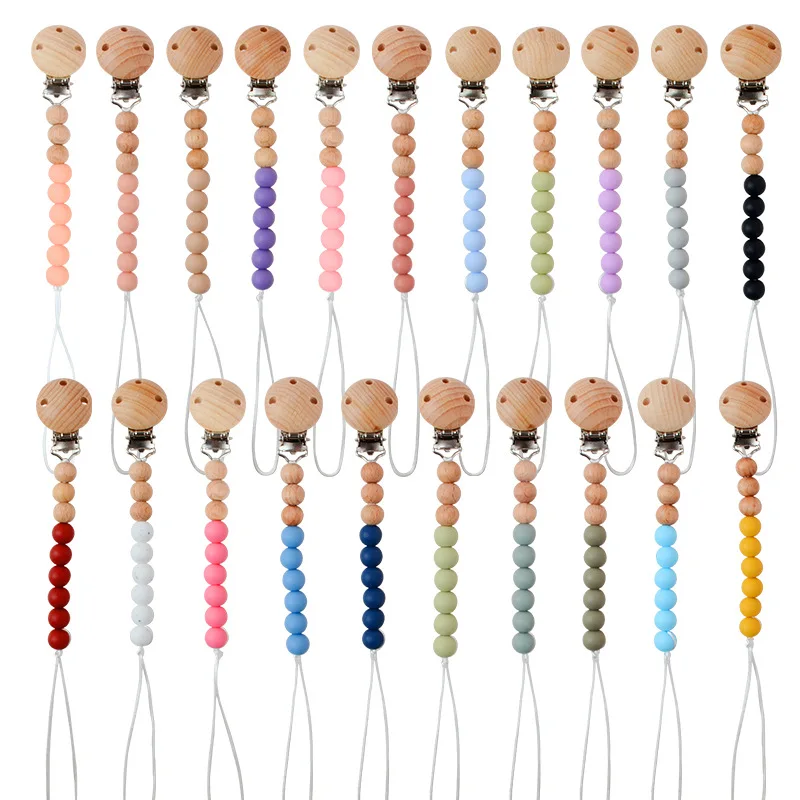 Handmade BPA Free Safe 100% Silicone & Wood Bead Pacifier Clips for Baby Girls Pacifier Holders