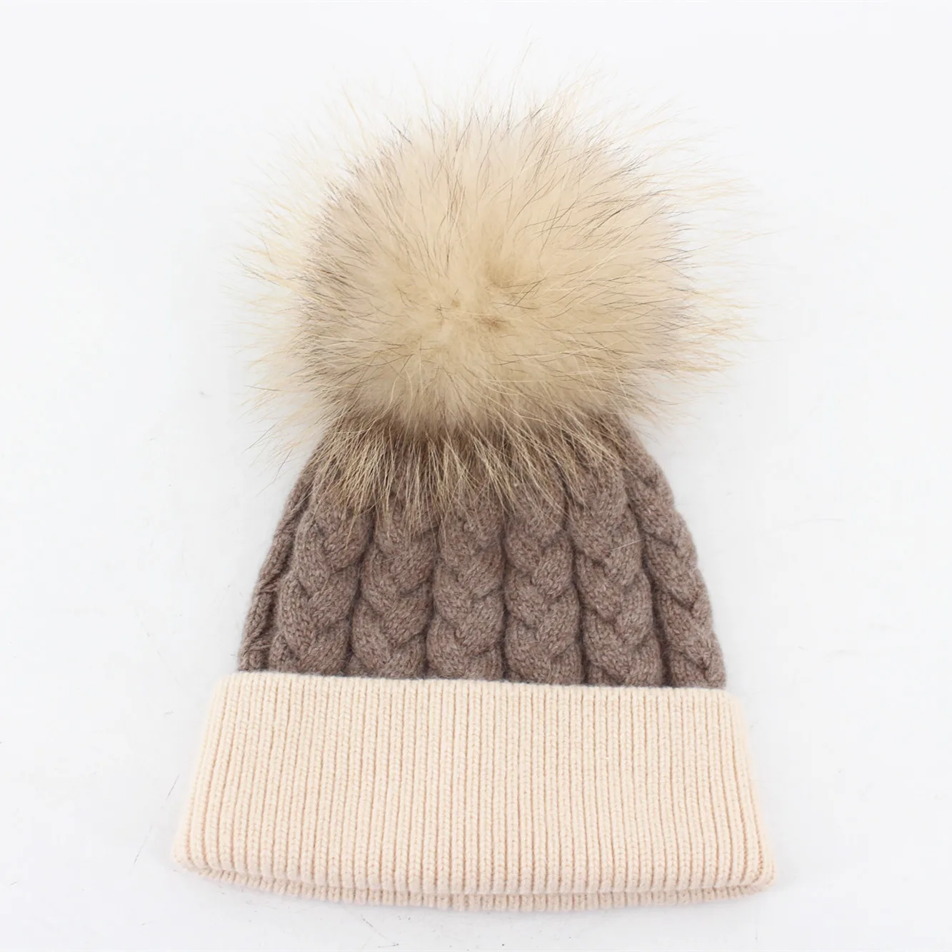 2024 latest women angora wool hat custom winter beanie hat with raccoon fur ball