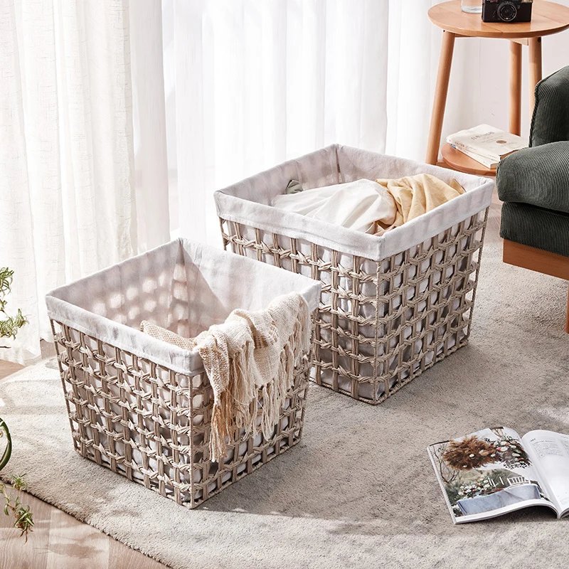 Factory wholesale sundries storage basket laundry basket like rattan woven with pure face linen lining cloth factory packaging