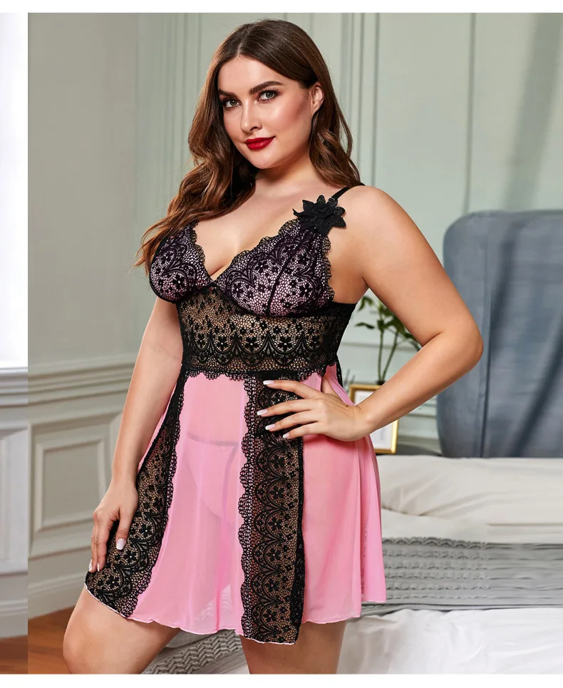 Plus Size Sexy Lace Sleepwear Night Dress Women Hollow Out V-neck Sleeveless Dress + Thong Female Nightwear Nightgown Set