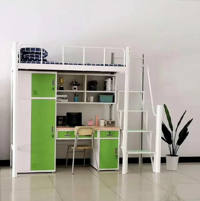 Metal Student dormitory bunk bed with locker and desk college bunk bed with desk wardrobe