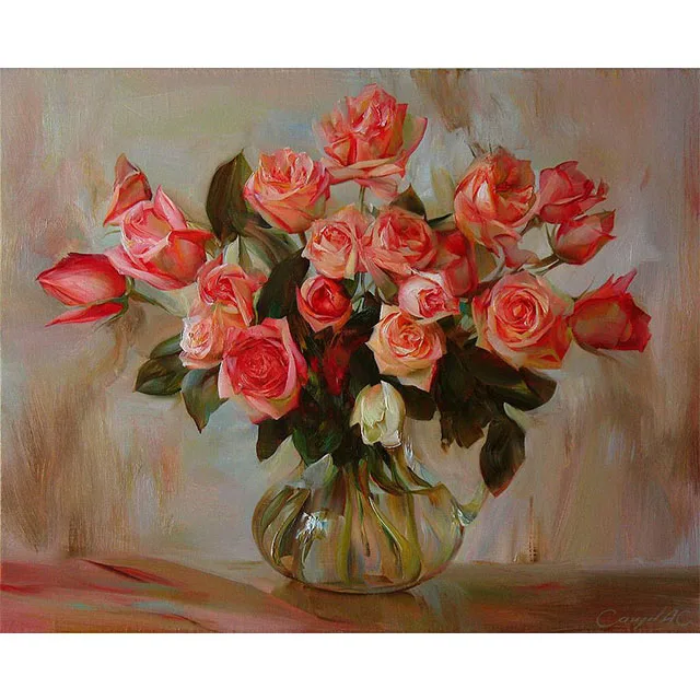SICHUANG Drop Shipping DIY Oil Paint By Numbers On Canvas Pink Rose Painting For Living Room Wall Art Acrylic Paint By Numbers