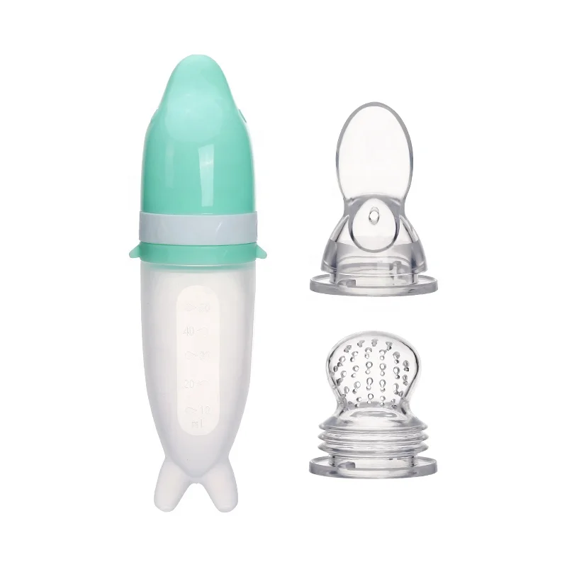 2 pcs set dolphin shape fruit and vegetable portable rice paste baby food feeding bottle soft spoon