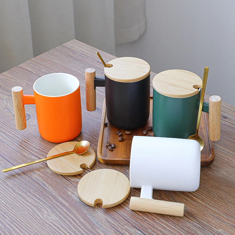 Wholesale 12oz 14oz Nordic Personal Porcelain Tea Cup Wooden Handle Custom Logo Printed Matte Ceramic Coffee Mug With Bamboo Lid