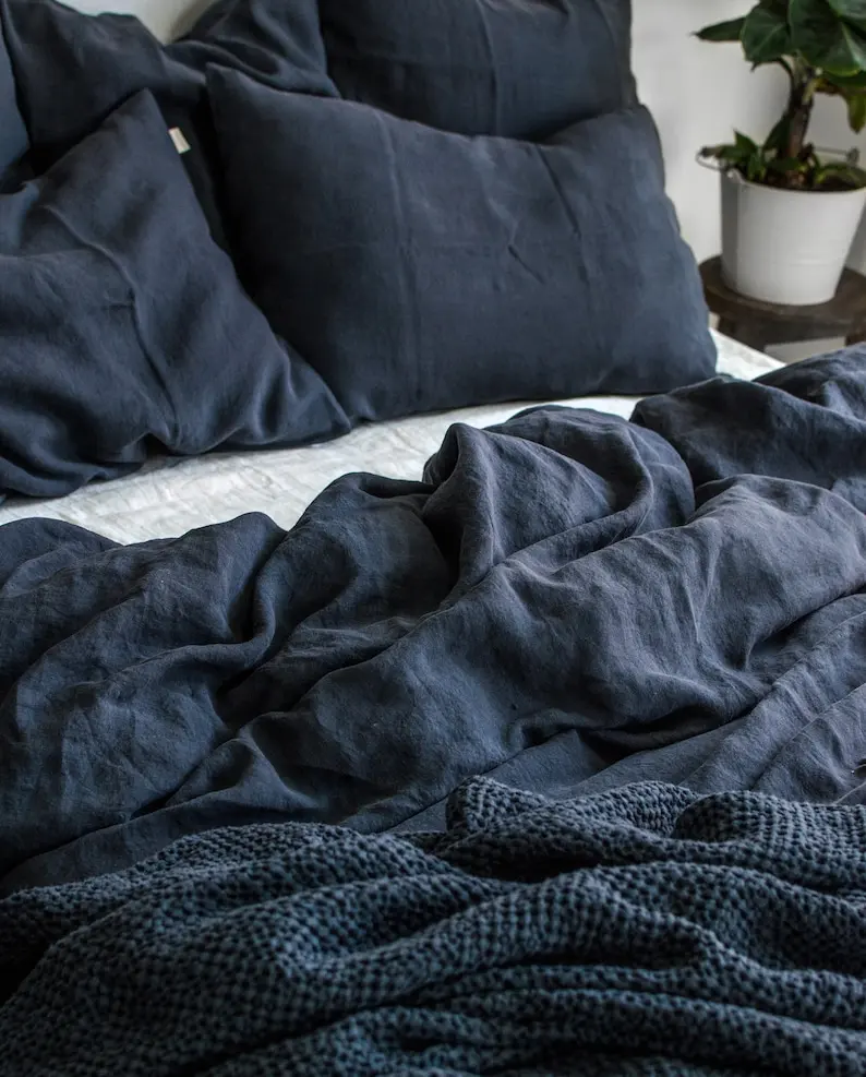 Graphite Blue Linen Bedding Set Duvet Cover & 2 Pillowcases King Queen Full Double Twin Single Anthracite Gray Blue Washed Soft