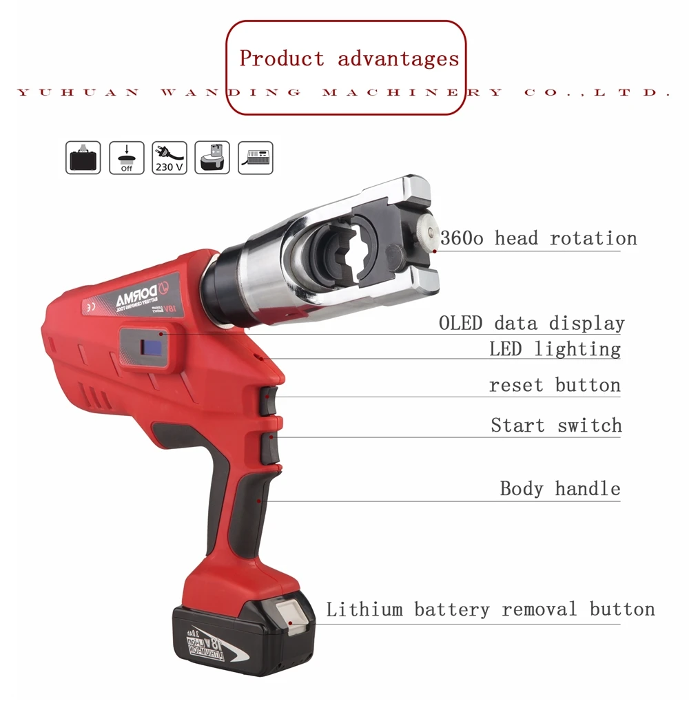 Dorma NEC 400U battery cordless 12 pcs dies electrical crimper hydraulic tools 16-400mm2 U-type Crimping Head Automatic