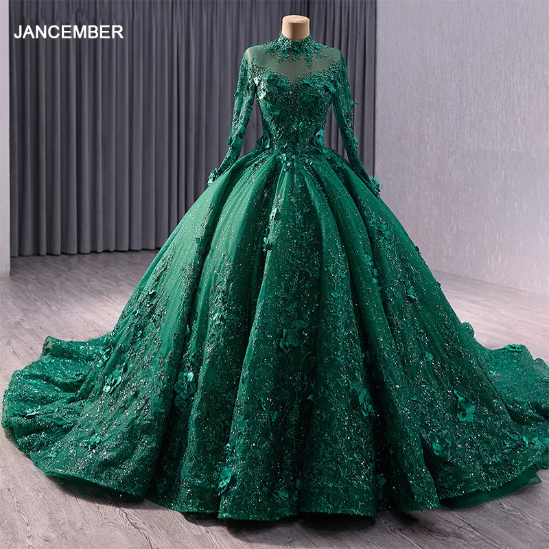 Jancember RSM231084B зеленое бальное платье с аппликацией с длинным рукавом Quinceanera модное атласное роскошное вечернее платье