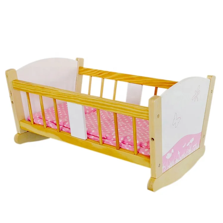 China toy pretend play bed set baby doll crib handwoven doll cradle bed furniture wood american doll bed