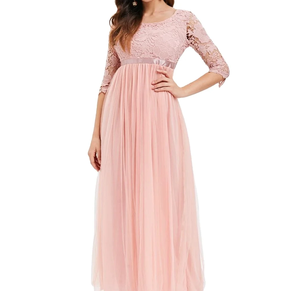 wholesale debutante vintage dress lace pure color wear midi o-neck elegant dress women