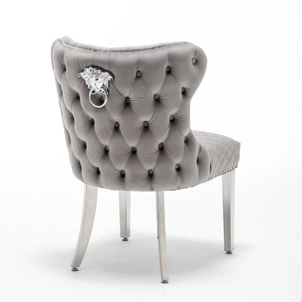 Luxury fabric tufted back stainless steel metal dining chair with back knocker