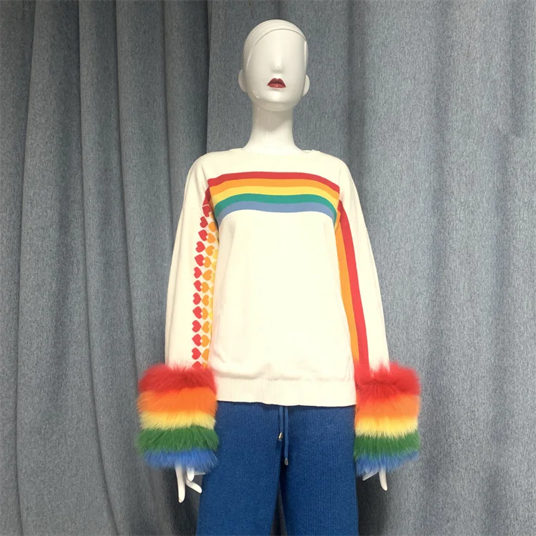 Spring fashion girls lovely real fur sweater custom rainbow color cuff designer popular women sweater
