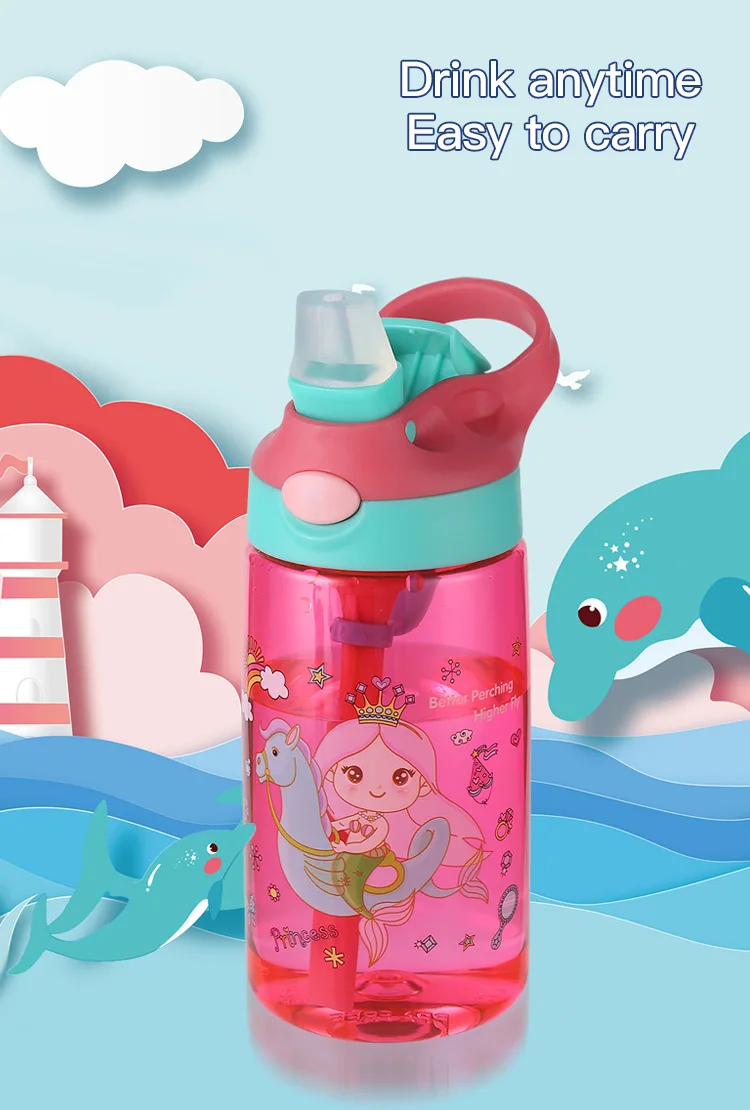 Cartoon Design 470ml Food Grade Portable PP and Silicone Kids Water Bottle Leak-proof Sports Kids Water Bottle