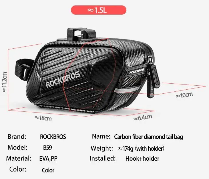 BSCI factory ROCKBROS B59 Rainproof Bike Hard Shell Saddle Bag Large Capacity Cycling Tail Rear Pouch Bag Reflective Bicycle
