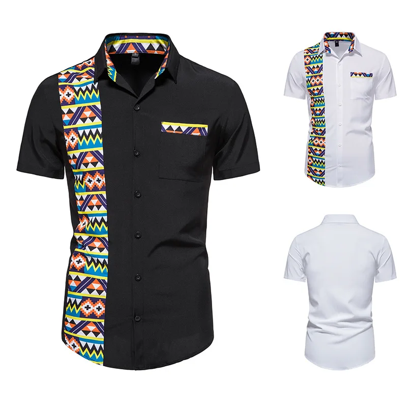Dashiki Men African Men Clothing Print Stitching Design Short Sleeve Button Up Traditional Daxi Shirt African Clothes Men