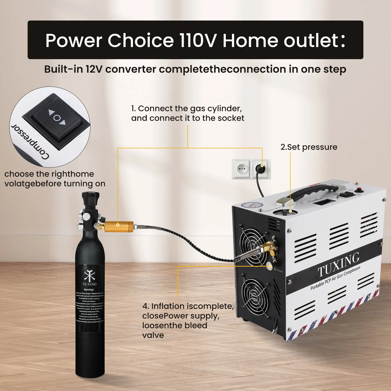 TUXING Hot Sale Custom Color 12V 4500psi 300bar 30mpa DC 220V Auto Stop Double Cylinder Breathing Paintball PCP Air Compressor