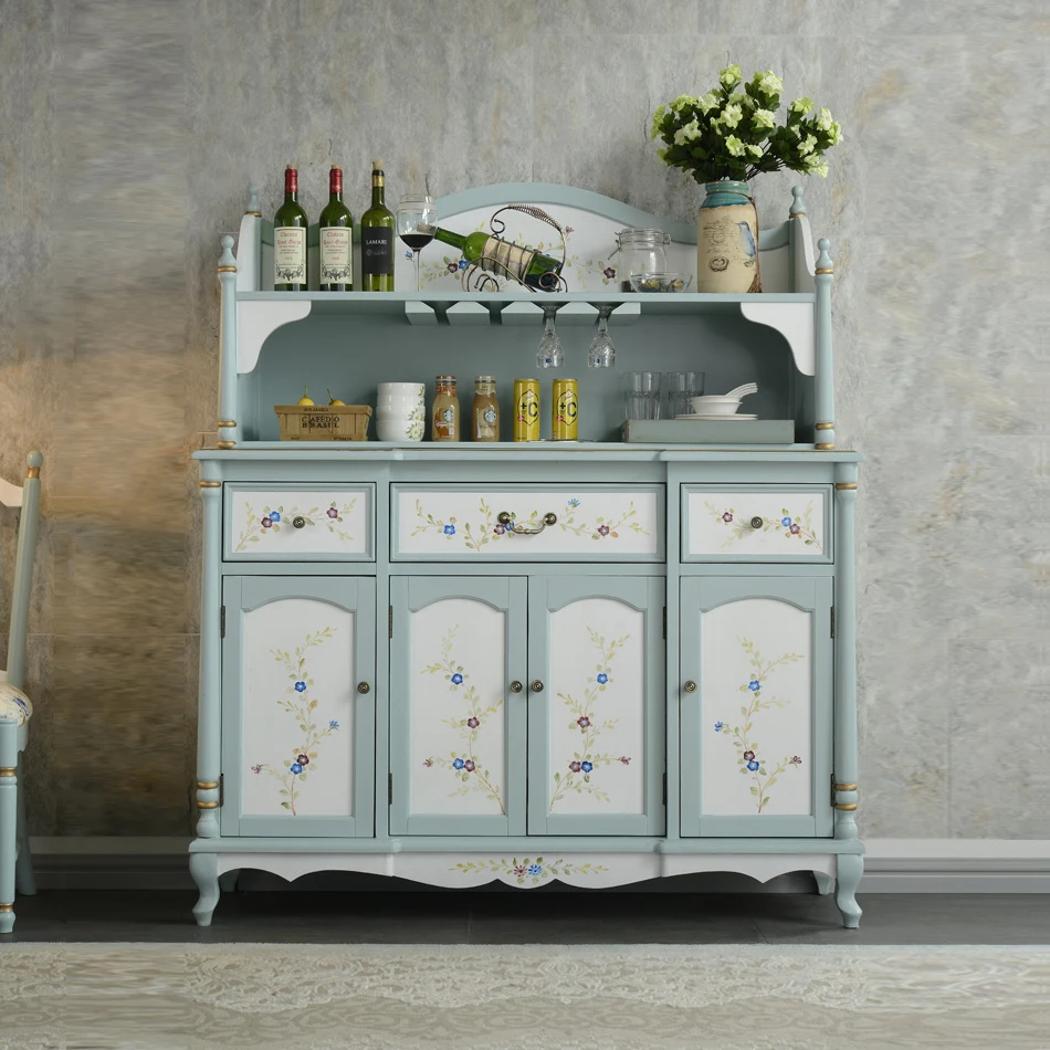 solid wooden restaurant storage hand-painted dinning cabinet with wine rack