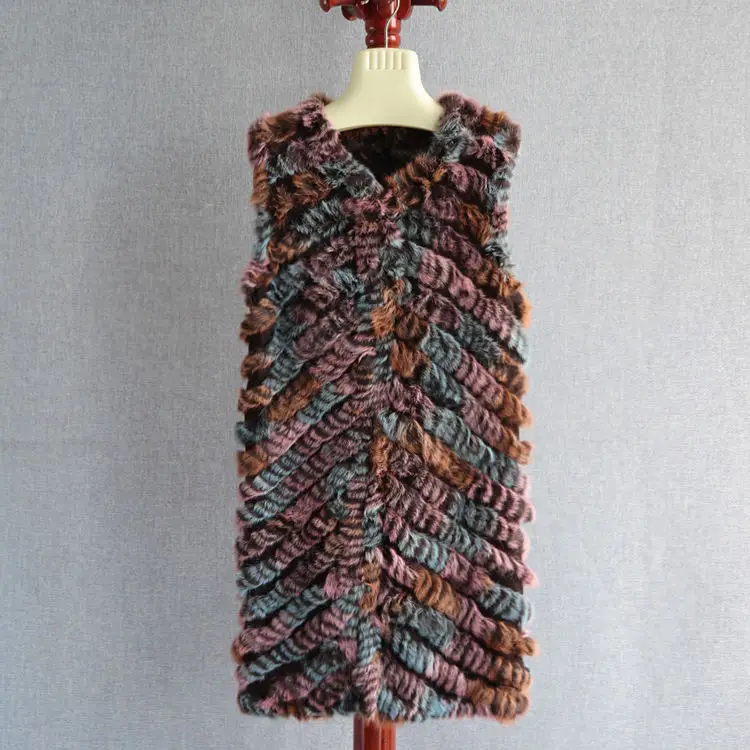 Rabbit hair woven vest pure hand-woven colorful rabbit  medium long fur vest