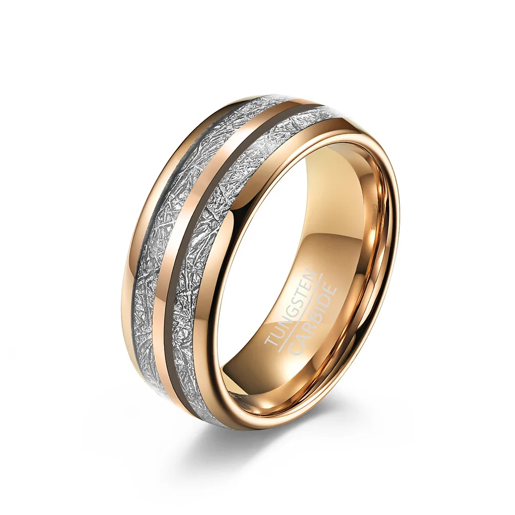 Poya Ready To Ship Fashion Imitation Meteorite Two Line Inlay Rose Gold Black Tungsten Ring