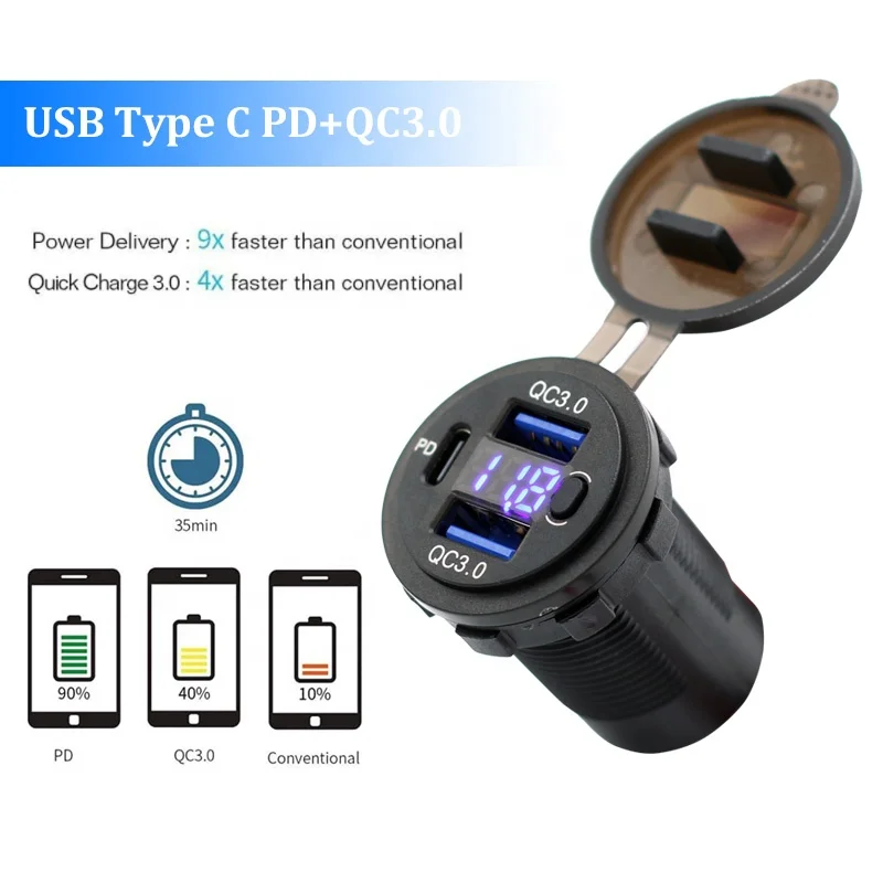 Dual USB QC 3.0 Port 20W PD Type C Car Charger Socket with Voltmeter and Power Switch for Bus RV
