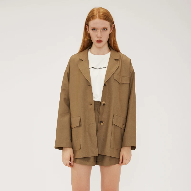 Женский костюм из двух предметов, бежевый пиджак с длинным рукавом и короткие брюки, 2019