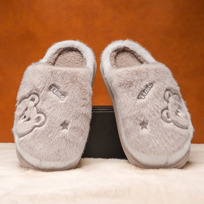 Wholesale Winter Indoor Non-slip Warm Thick Cotton Cute Cartoon Bear Plush Home Slippers For Men Boys