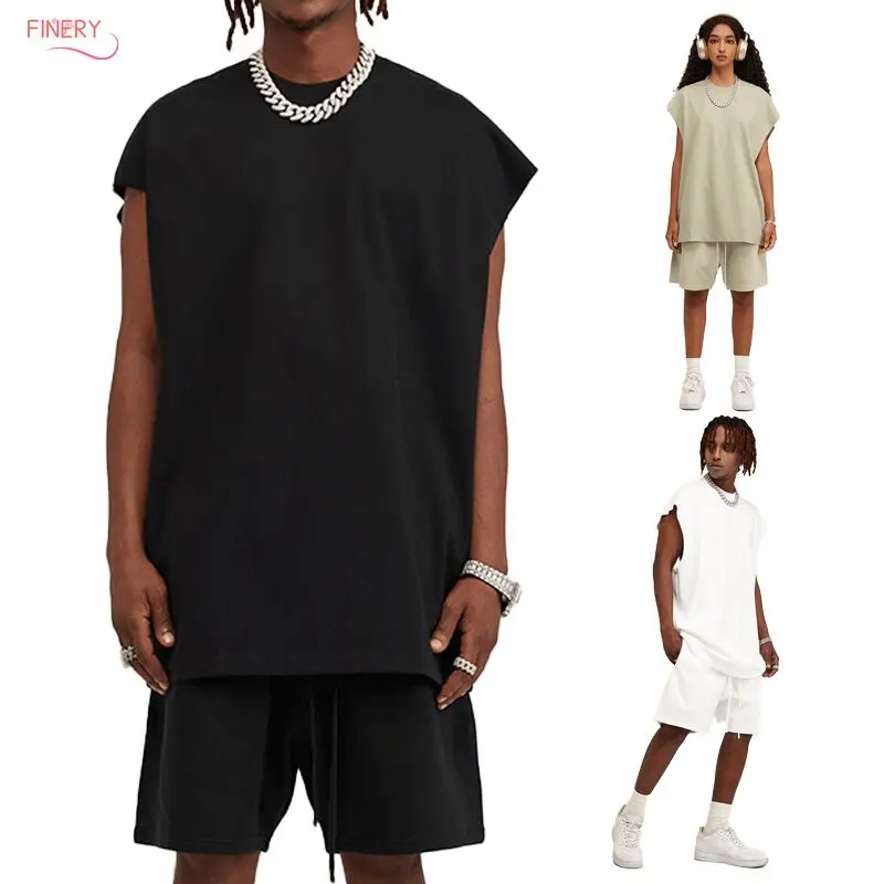 2023 Custom Logo Solid Color 305GSM 100 Organic Cotton High Quality Designer men Vest and Shorts Summer Women 2 Piece Set Solid
