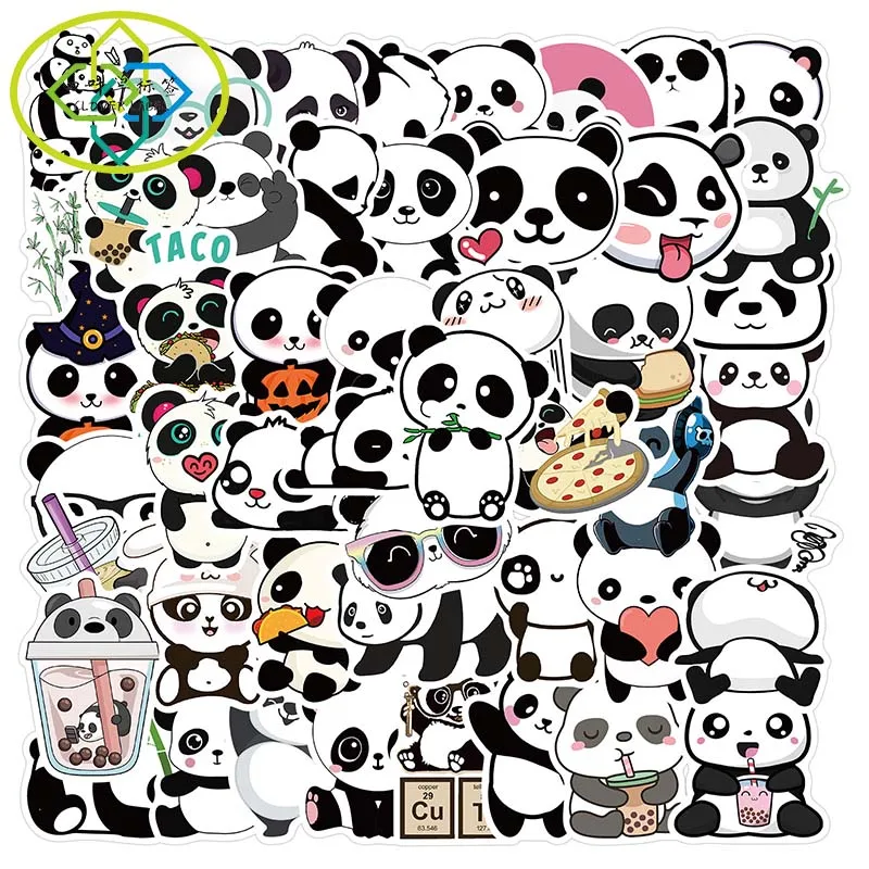 Wholesale Waterproof Vinyl Cartoon Panda Pattern die cut  Sticker Pack for Bottle Laptop,Skateboard, Bicycle, Luggage