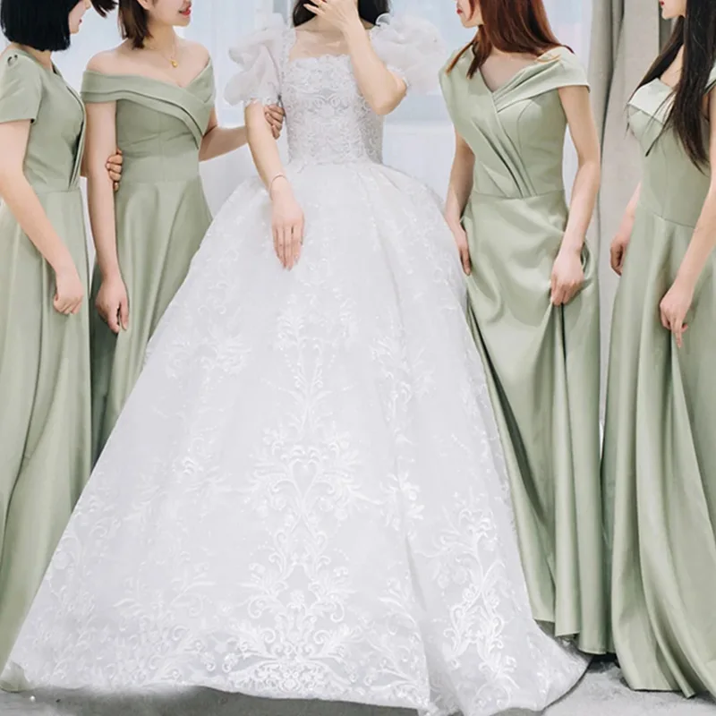 Ready to Ship Party Dress Long Wedding Guests Prom Dress Green Satin Bridesmaids Dress