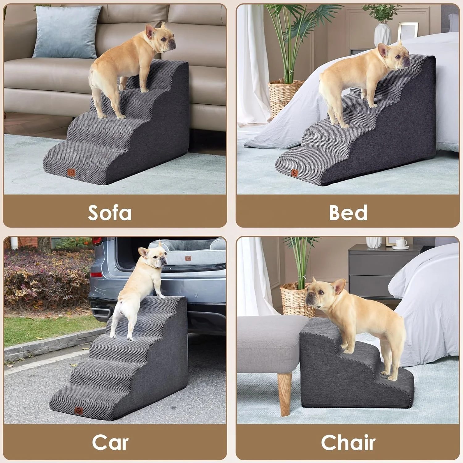 Curved Pet Dog Cat Stair Step for High Bed Coach Climbing Non-Slip Balanced Ramp Indoor Grey with Washable High Density Foam