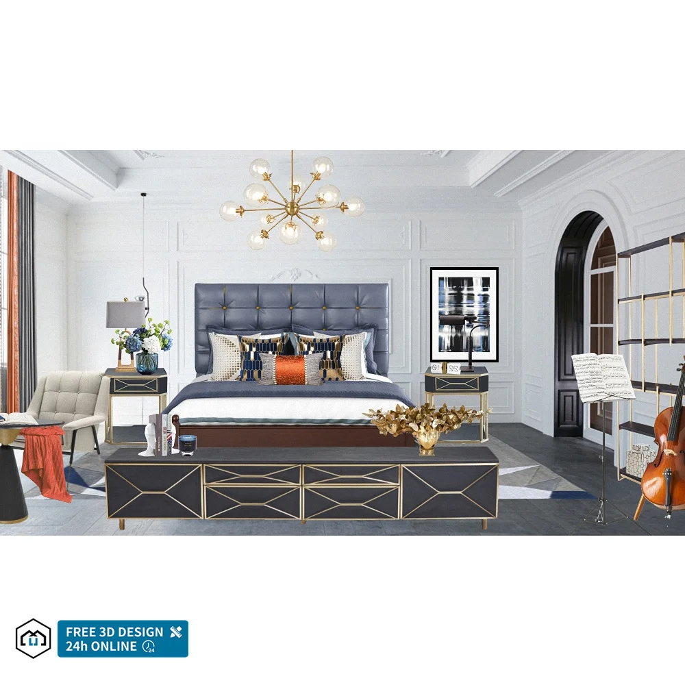 One Stop Luxury Furniture Solution Modern Up-holstered Beds Designer Villa Bedroom Set Combination