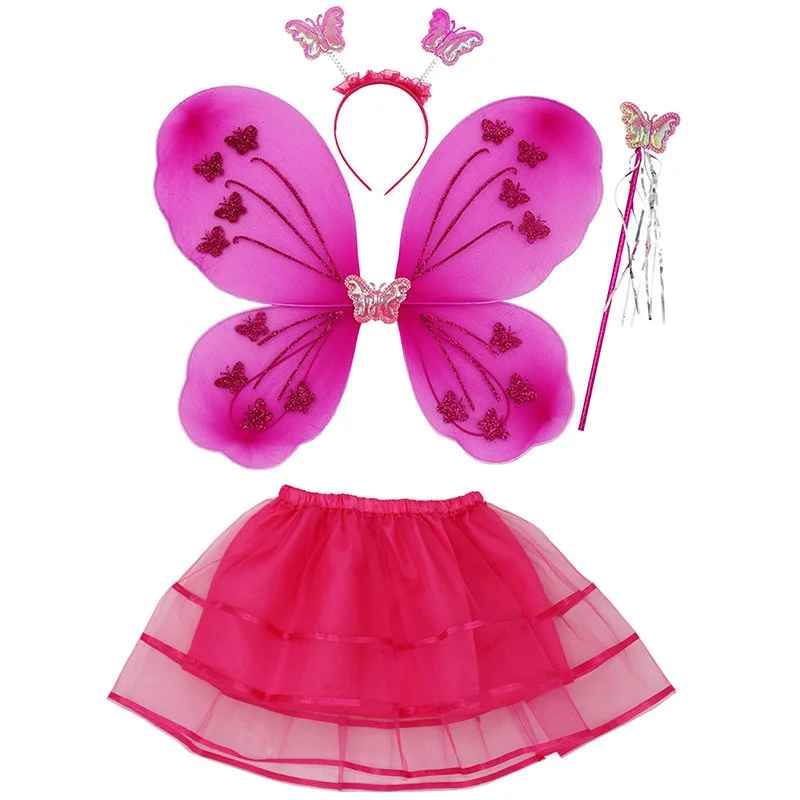 Girls Party Gift RolePlay Butterflies Costumes Princess Fairy Wings Magic Wand Headband Skirt 4Pcs Halloween Cosplay Props