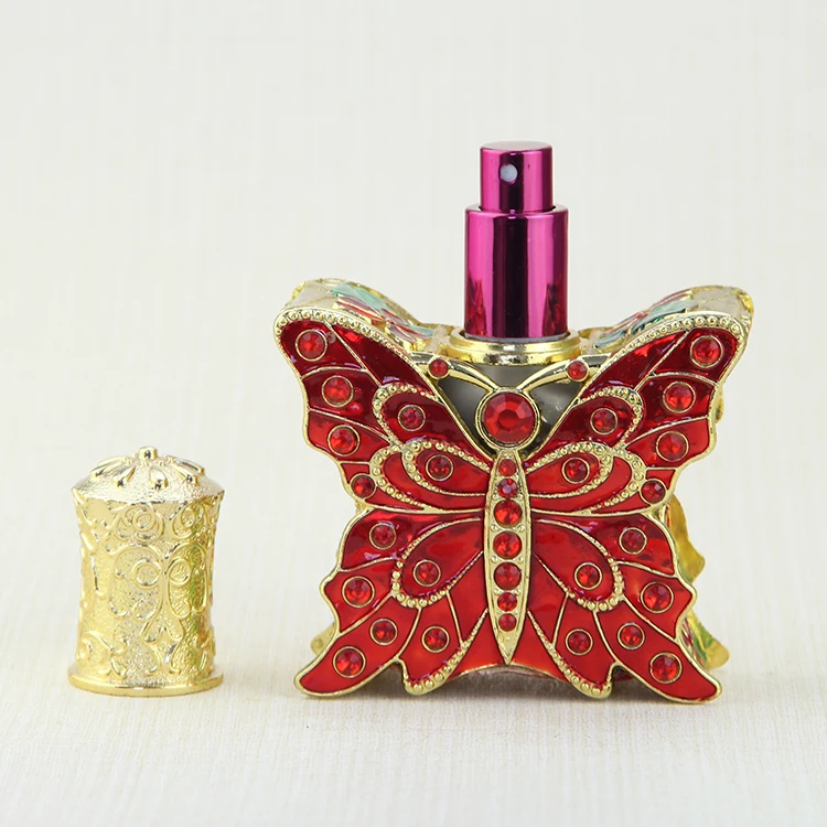 Unique Butterfly Shape Gorgeous Red Gemstone Decoration Luxury Dubai Arab Style Metal  Perfume Spray Bottle