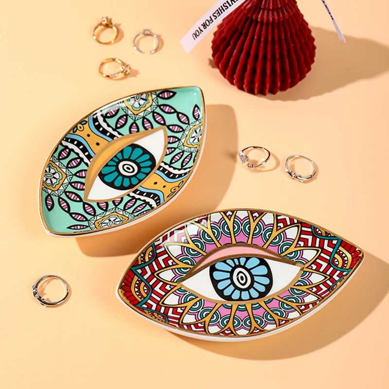 SYL Creative Rich Design Ceramic Evil Eye Plate Luxury Trinket Trays Table Decorations Jewelry dish for home decor.