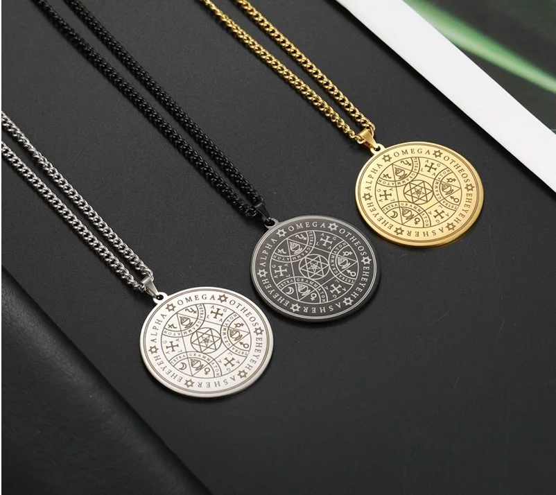 Fashion Stainless Steel Hexagram Amulet Round Disc Pendant Necklace Vintage Silver Gold Black Color Seal of Solomon Men Necklace