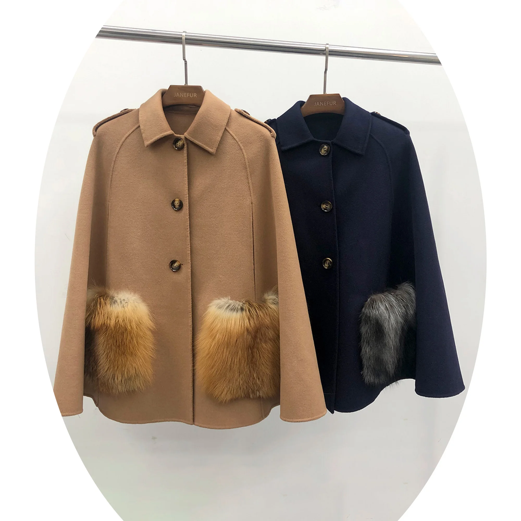 Janefur Fashion autumn winter free size wool coat fox fur pockets poncho soft cashmere wool shawl with fur for women