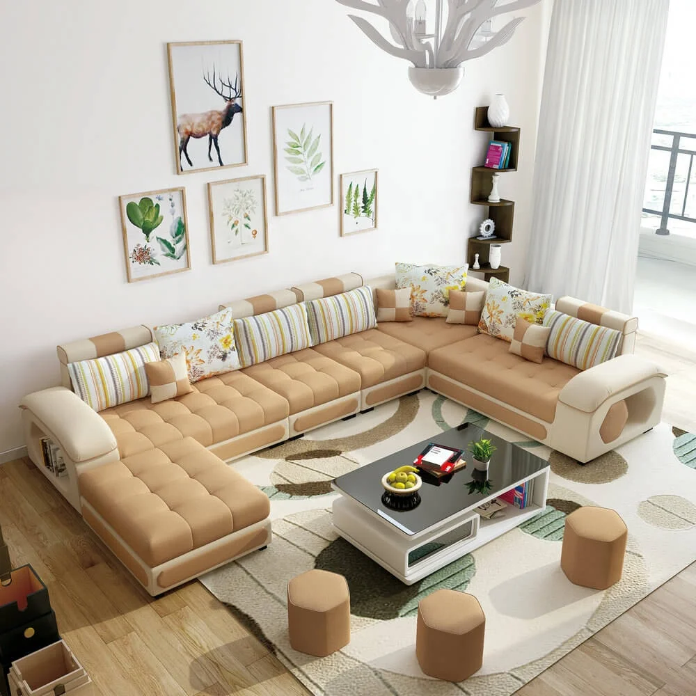 Yellow color U shape modern living room set fabric sofa with stools