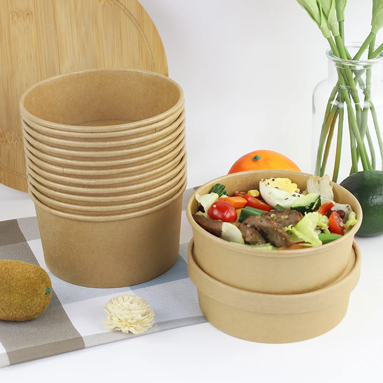 Disposable food container brown kraft paper poke bowl soup salad bowl with lid can be customized