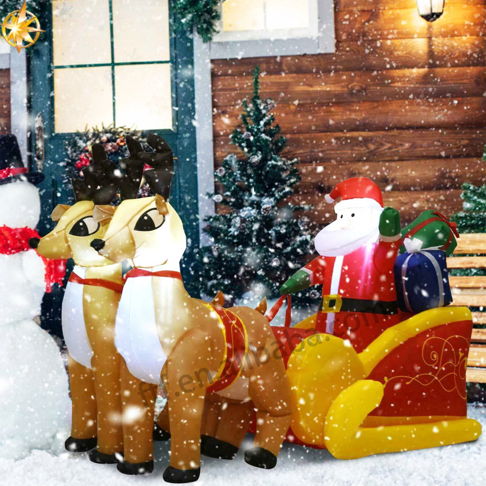 Inflatable Santa Claus and two reindeer drive to decorate the party atmosphere