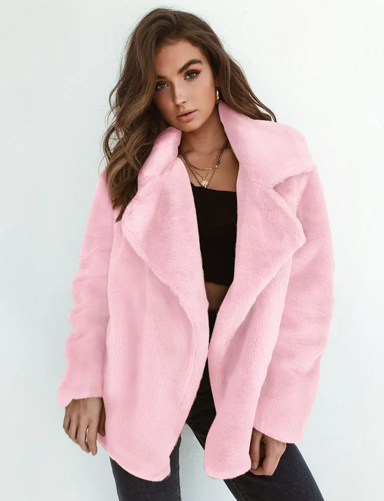 Fashion lady lapel  loose coat solid color plush warm long sleeve coat women