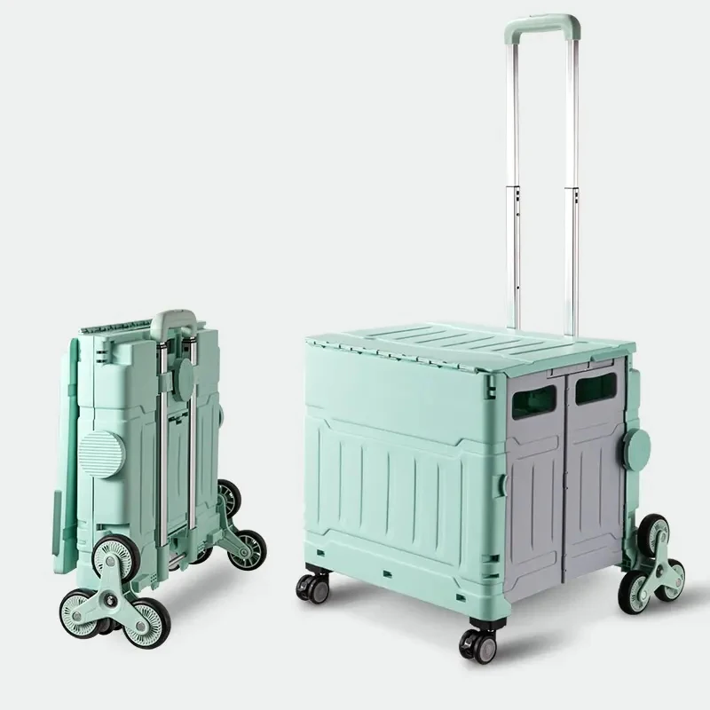 Wholesale mini cheap foldable hand luggage cart carritos de compras seat 6 wheels climbing plastic folding shopping cart trolley