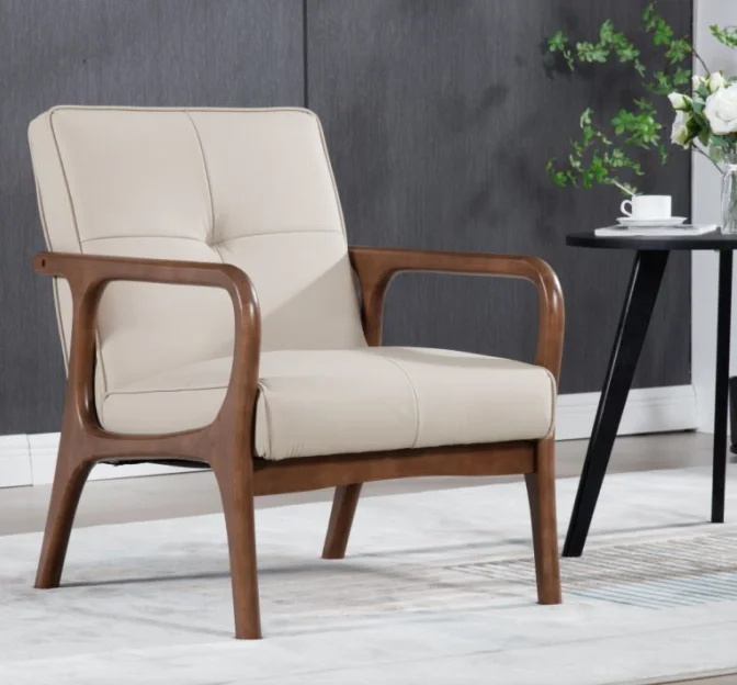 Fabricntury Japandi Accent Armchair, Metale Reading Armchair PU Leather Lounge Chair Arms Home Furniture with Walnut Wooden