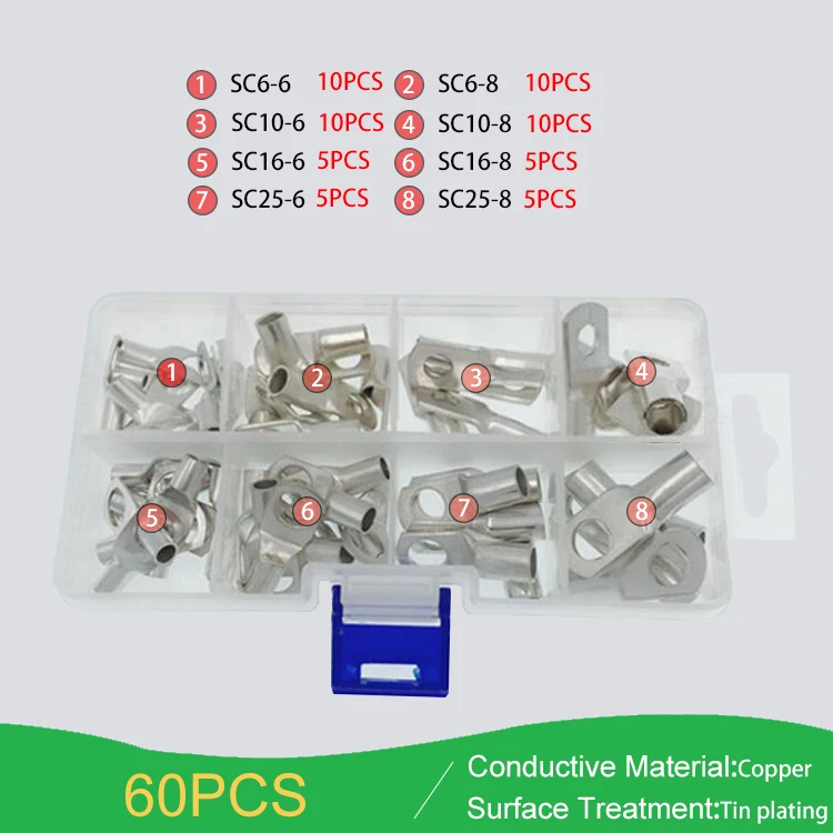 60 pcs. SC Copper Terminal Meadow, Cable Lug, Crimp Cable Wire Terminal Kits