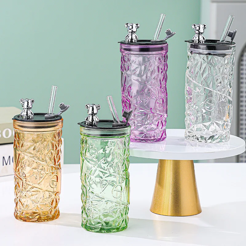 Colorful Painting Drinking Glass Cup 11oz 330ml Portable Glass Milk Cup with Lid and Straw Reusable Juice Drinking