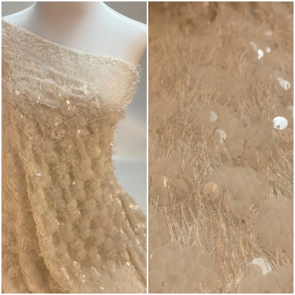 New Style Custom Design Fringe  knitting Sequin  Knitted Fabric  Stretch Embroidery With Glitter lace fabric for wedding dresses