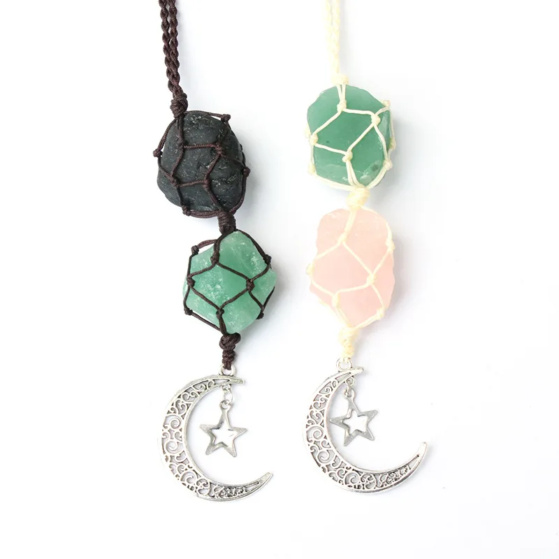 Amethyst Rose Quartz Crystal Sun Catcher Car Accessories Handmade Natural Rough Stone Interior Star and Moon Woven Car Pendant