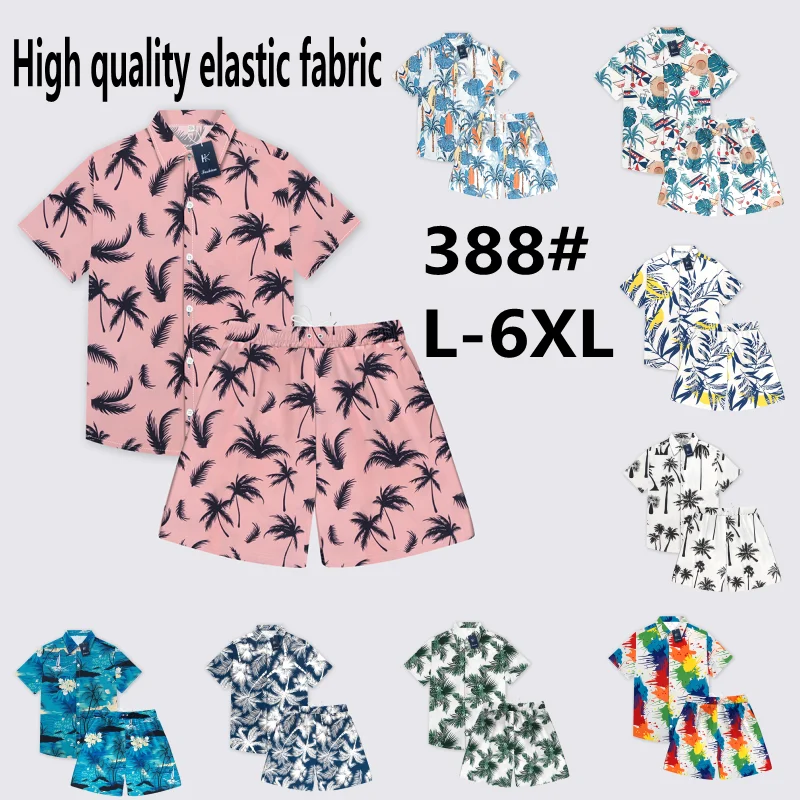 8388 #M-6XL Hawaii Beach Tourism High Quality Elastic Popular Casual Matching Shirt Set