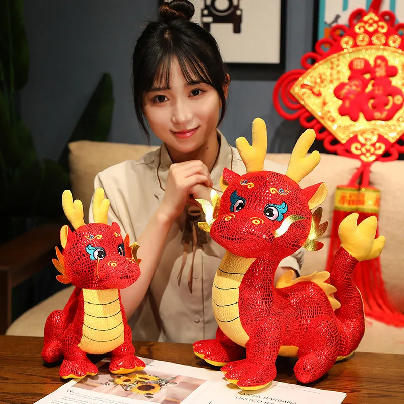 HL 2024 New Cartoon Zodiac Dragon Year Mascot Red Chinese Dragon Plush Toy Soft Stuffed Anime Animal Dragon Doll New Years Gift