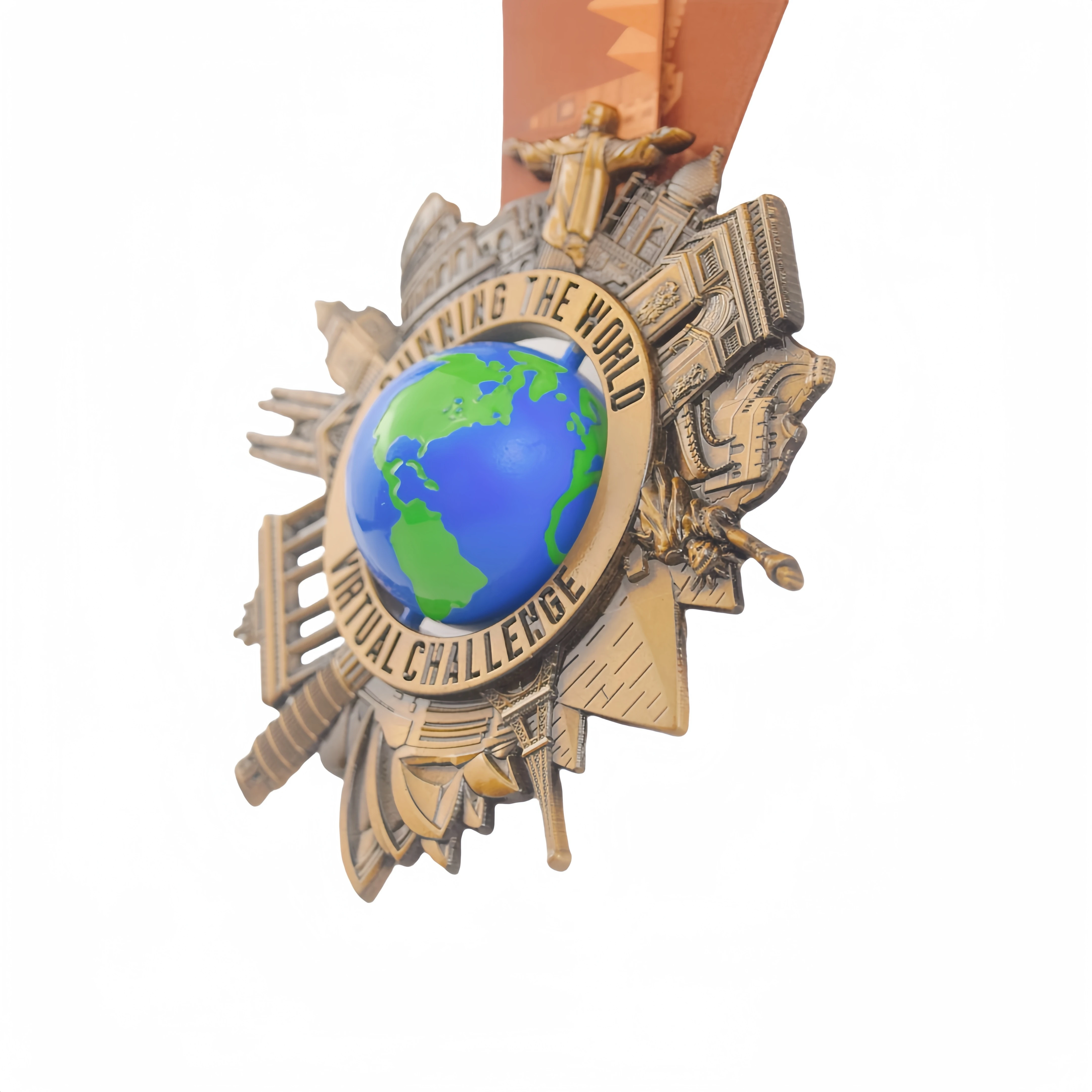 Manufacturer Customized 5K 10K Earth Seven Wonders World Running Marathon Antique Plating Spining Metal Medal For Challenge